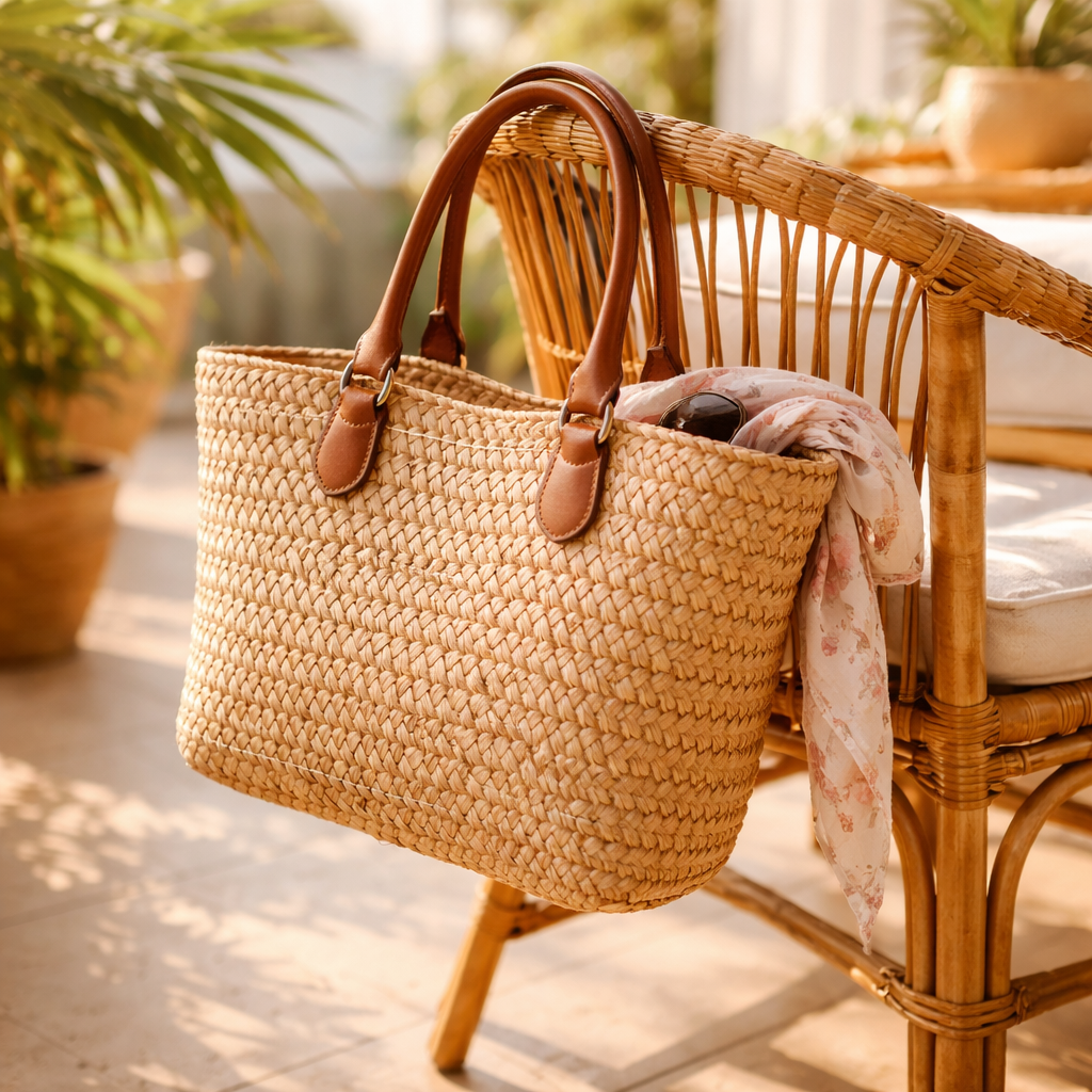 Un sac en raphia accroché sur une chaise