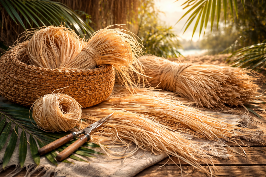 Des fibres de raphia naturel au soleil couchant