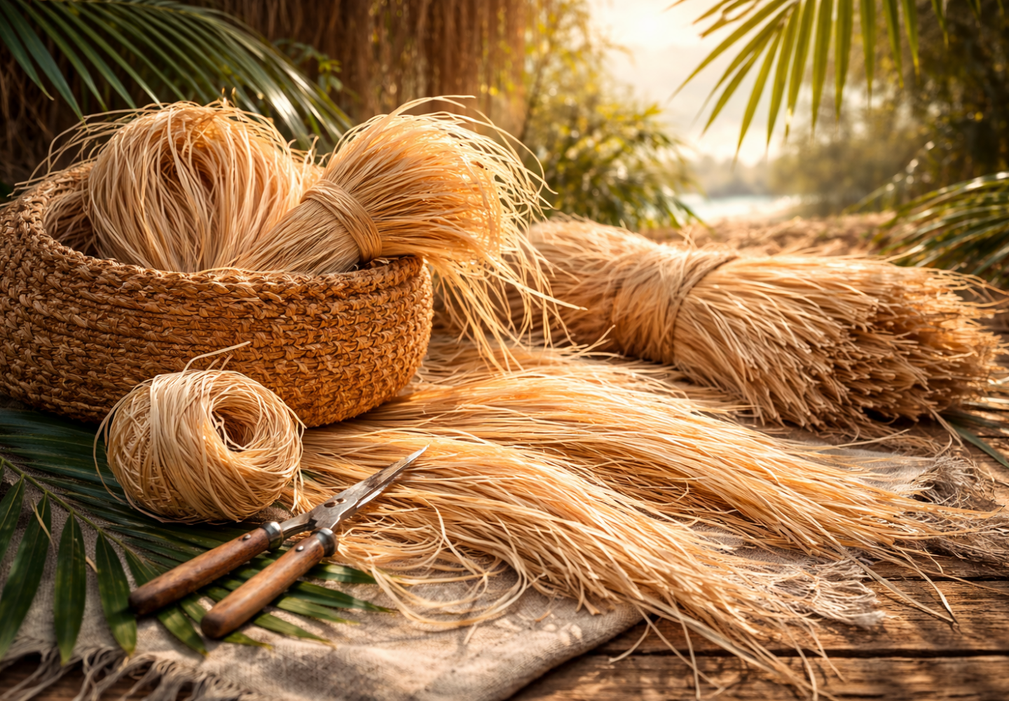 Des fibres de raphia naturel au soleil couchant