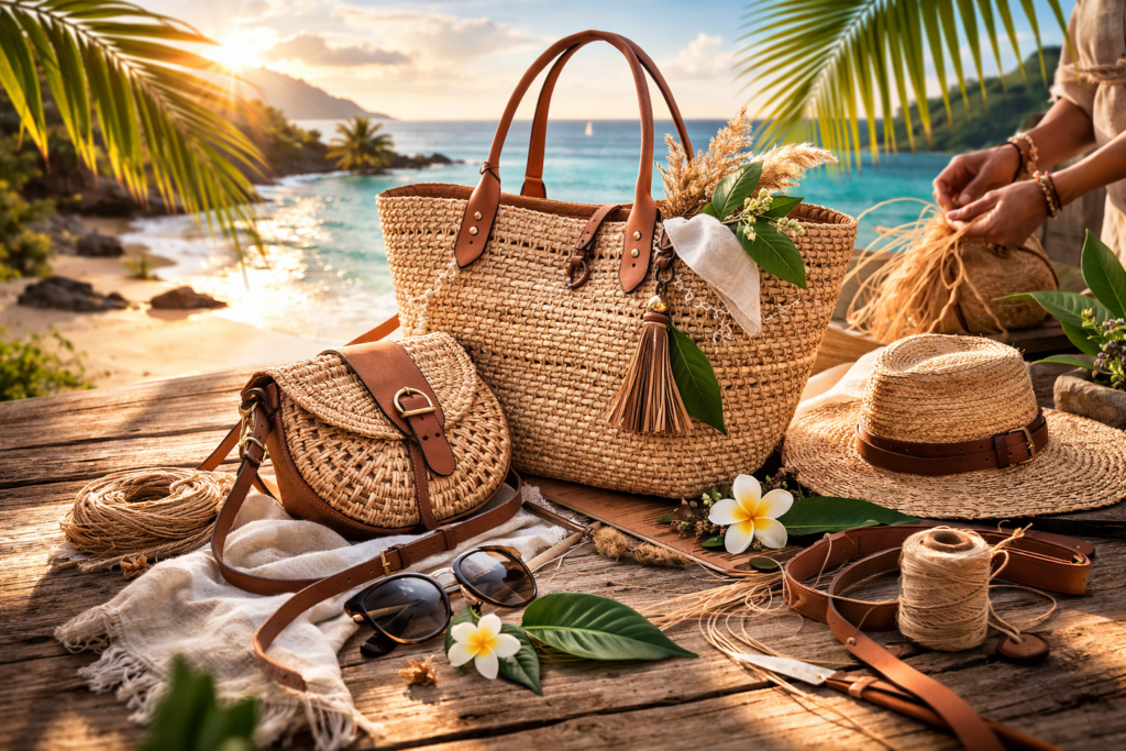 Des accessoires de mode, incluant des sacs en raphia naturel