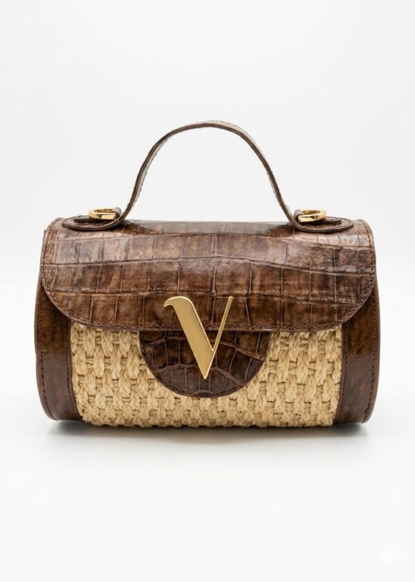 Sac cylindrique en raphia naturel et cuir Fitia