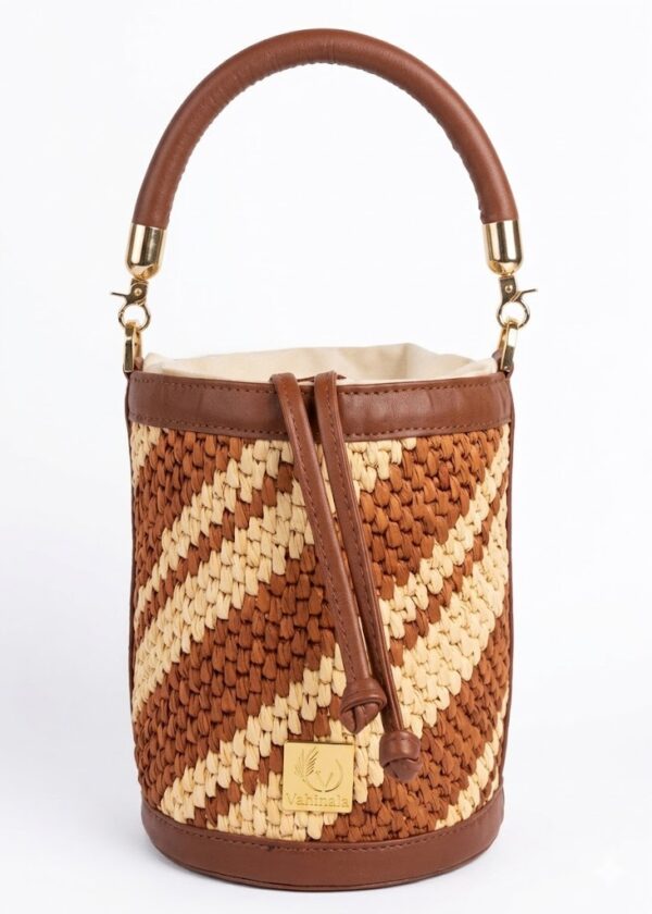 Sac seau en raphia et cuir à lacet coulissant Aina