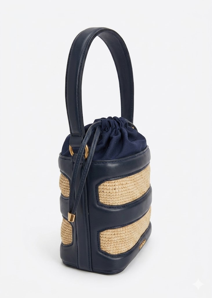 Kanto bleu nuit côté Sac seau en raphia et cuir Kanto