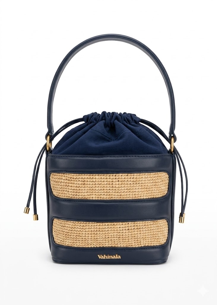 Kanto bleu nuit Sac seau en raphia et cuir Kanto