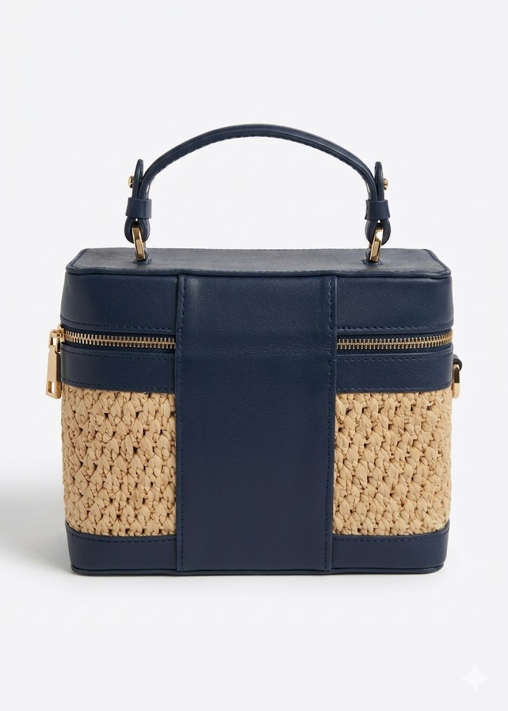 Vanity bag en raphia naturel et cuir Liana