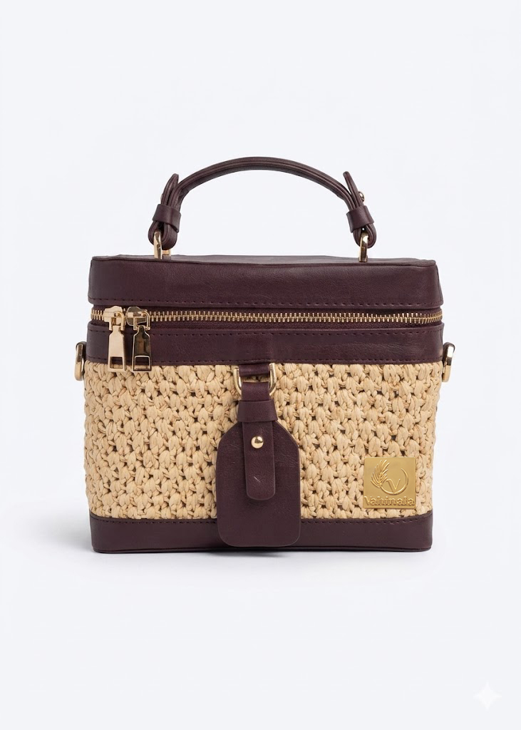Liana bordeaux Vanity bag en raphia naturel et cuir Liana