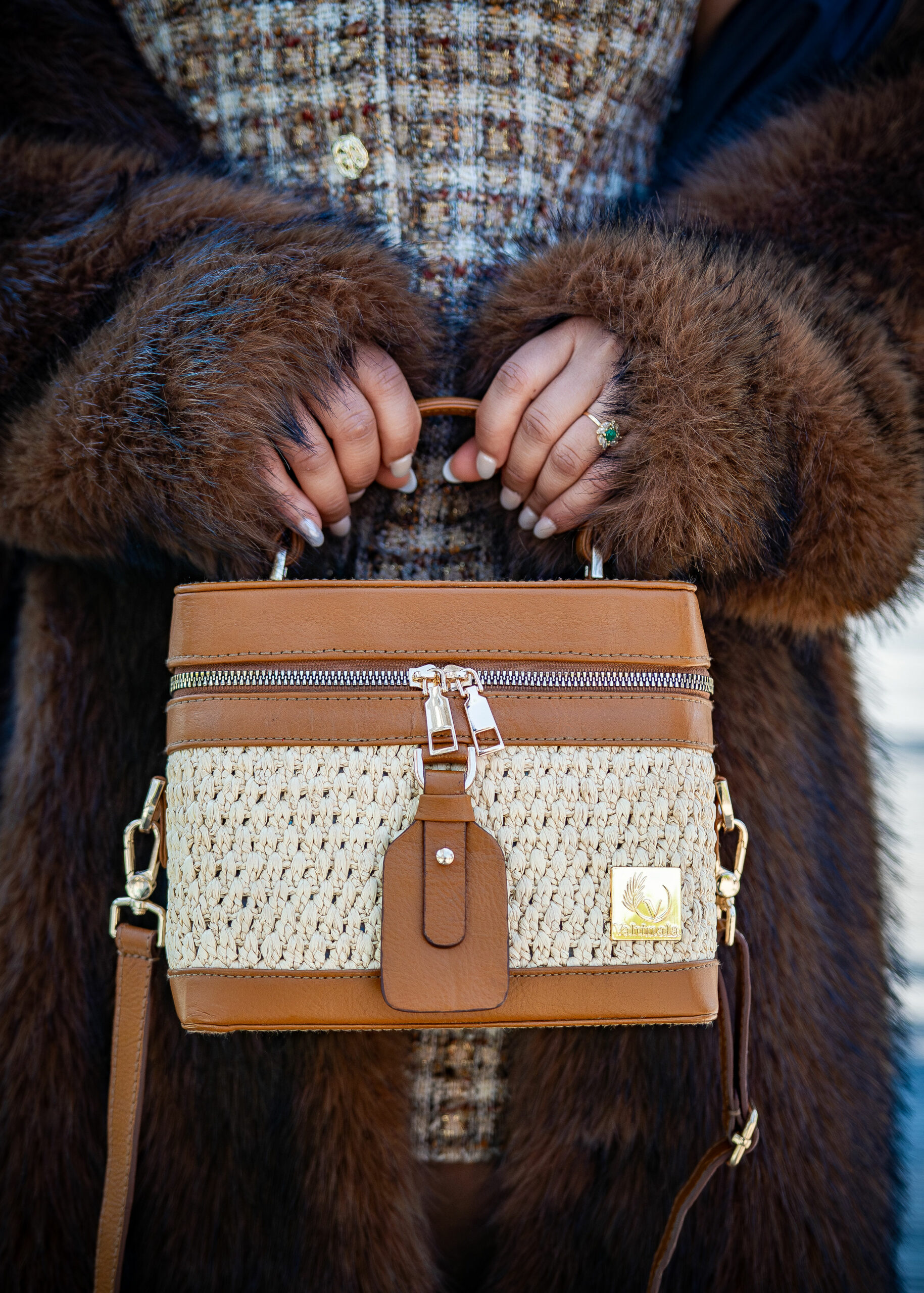 Vanity bag en raphia naturel et cuir Liana