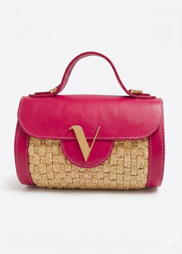 Sac cylindrique en raphia naturel et cuir Mitia