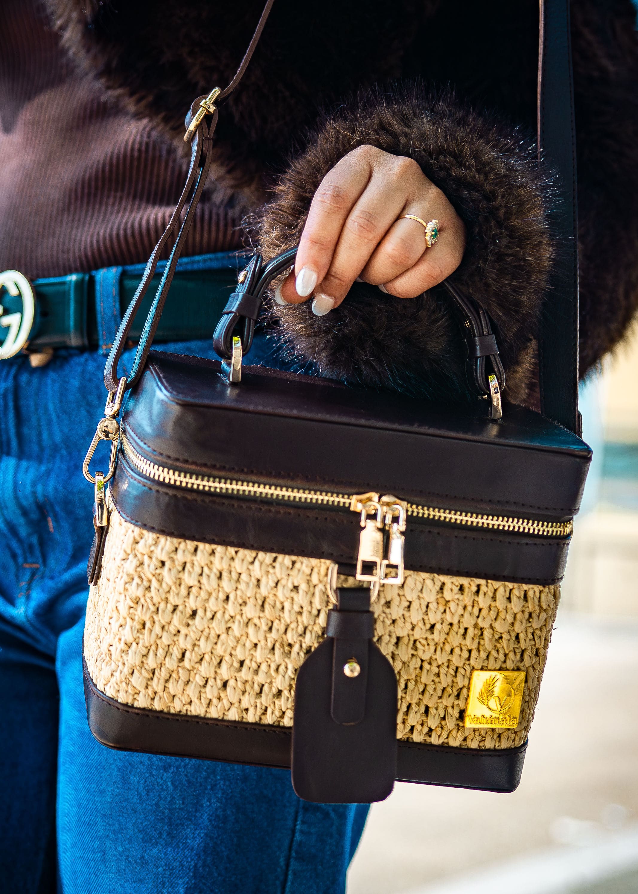 Vanity bag en raphia et cuir Liana