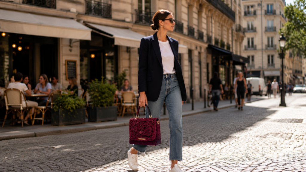 Promenade chic dans la rue parisienne avec un sac en raphia