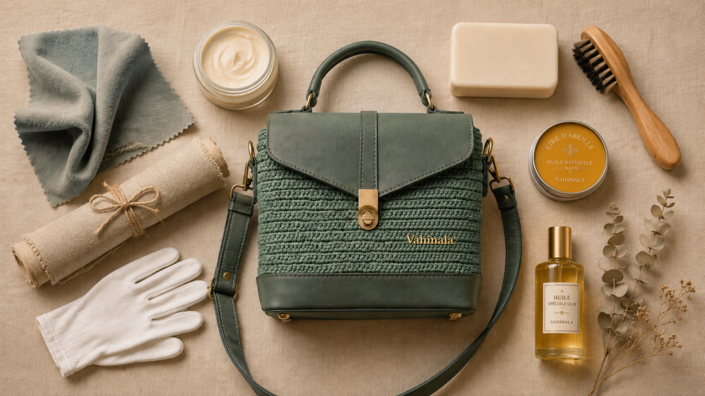 Sac en cuir artisanal vert sauge entouré d’accessoires d’entretien élégants et naturels