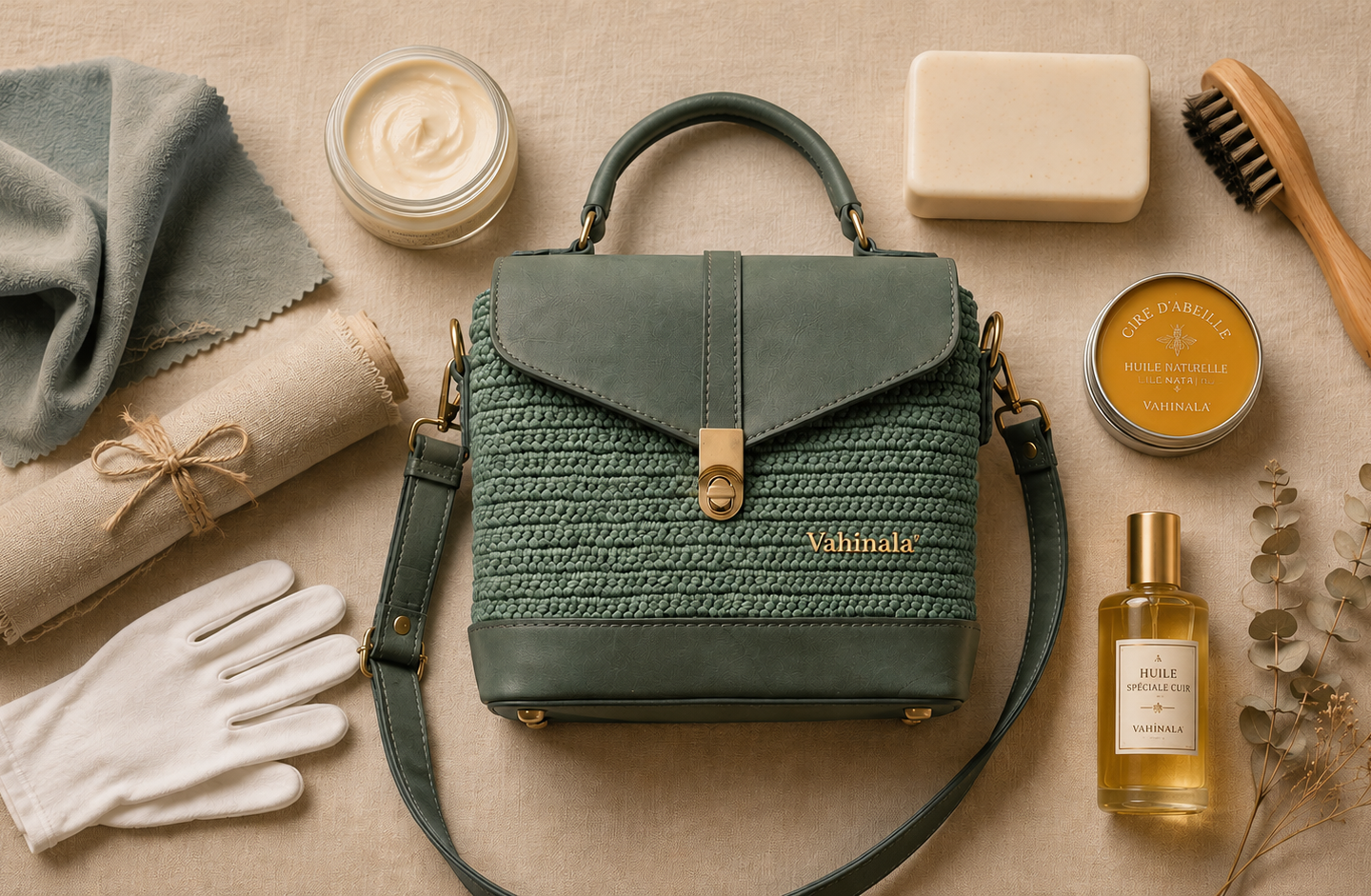 Sac en cuir artisanal vert sauge entouré d’accessoires d’entretien élégants et naturels