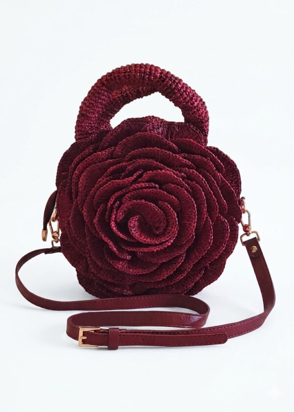Sac Fleur en raphia naturel et cuir raffiné Miora bordeaux Vahinala
