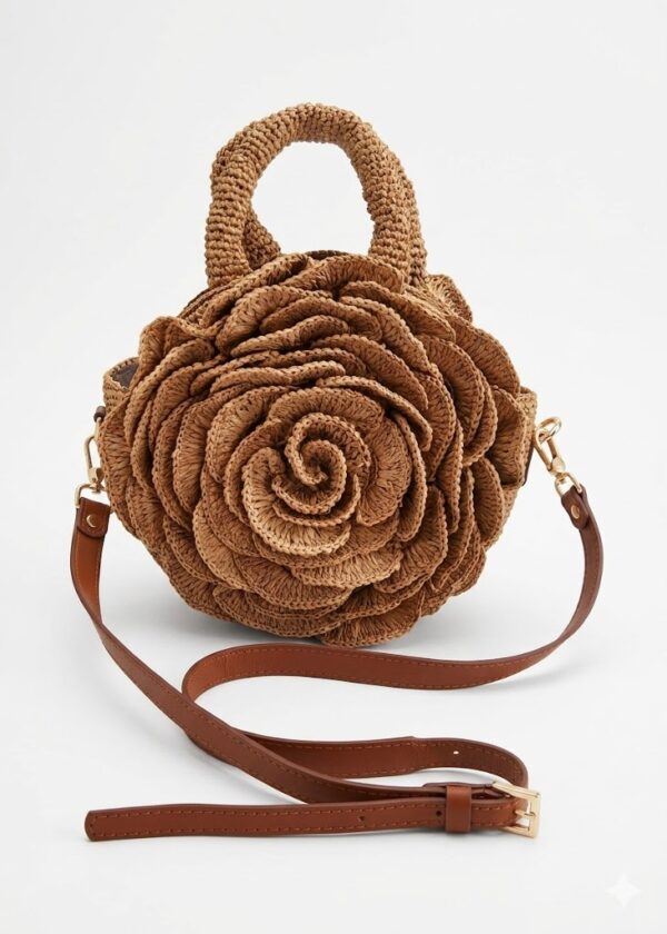 Sac Fleur en raphia naturel et cuir raffiné Miora cognac Vahinala