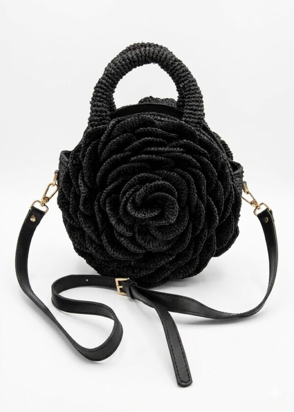 Sac Fleur en raphia naturel et cuir raffiné Miora noir Vahinala