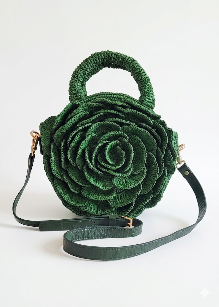 Miora vert face Vahinala. Sac Fleur en raphia naturel et cuir raffiné Miora vert Vahinala