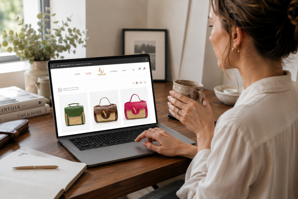 Femme en train de choisir un sac en cuir de qualité sur Internet