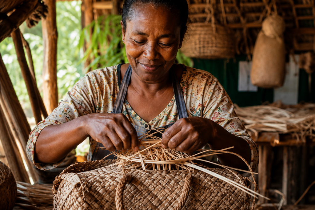 Femme artisan tressant un sac en raphia de Madagascar dans un atelier