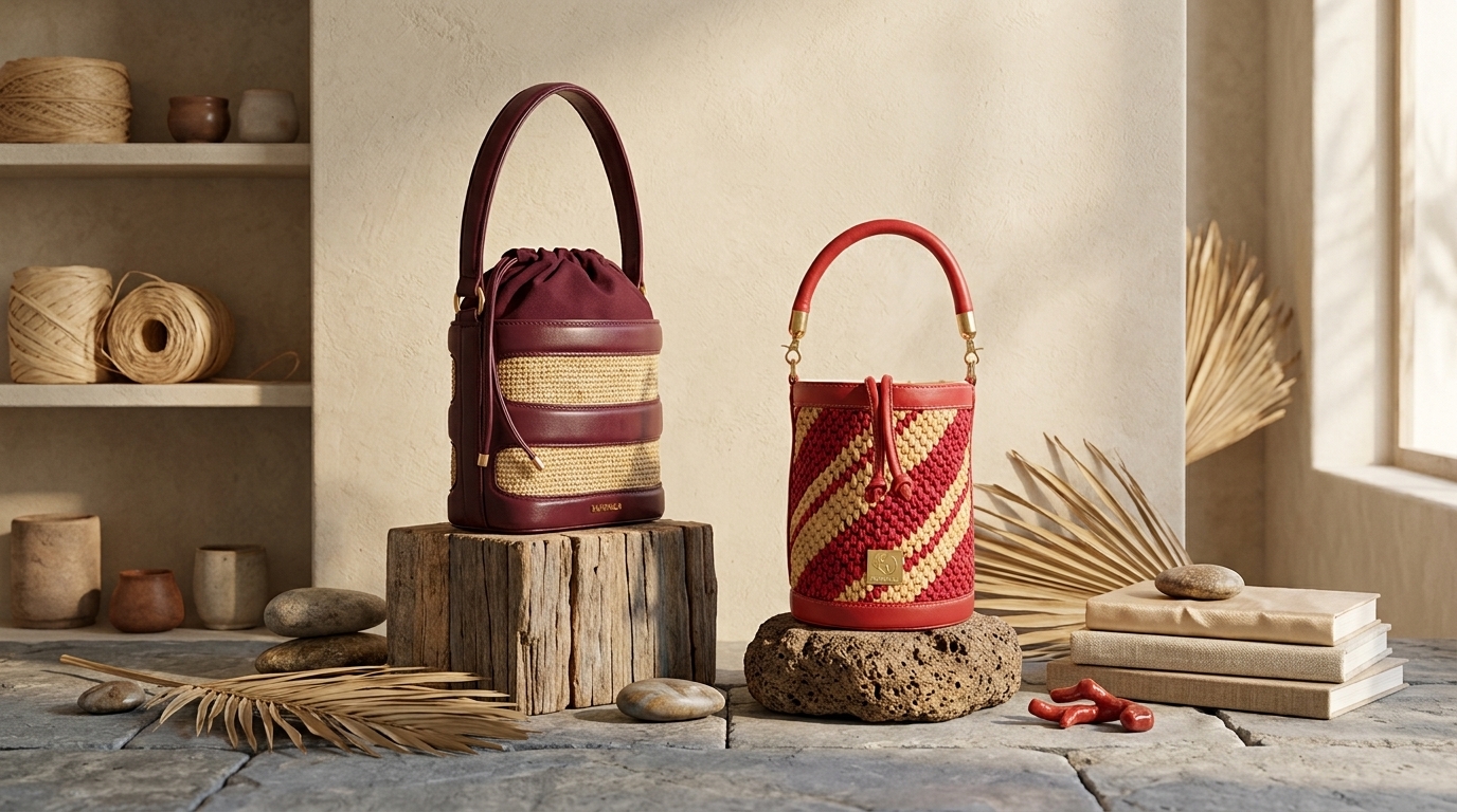 Sac seau femme en raphia et cuir Vahinala présenté dans un décor artisanal et épuré au format panoramique
