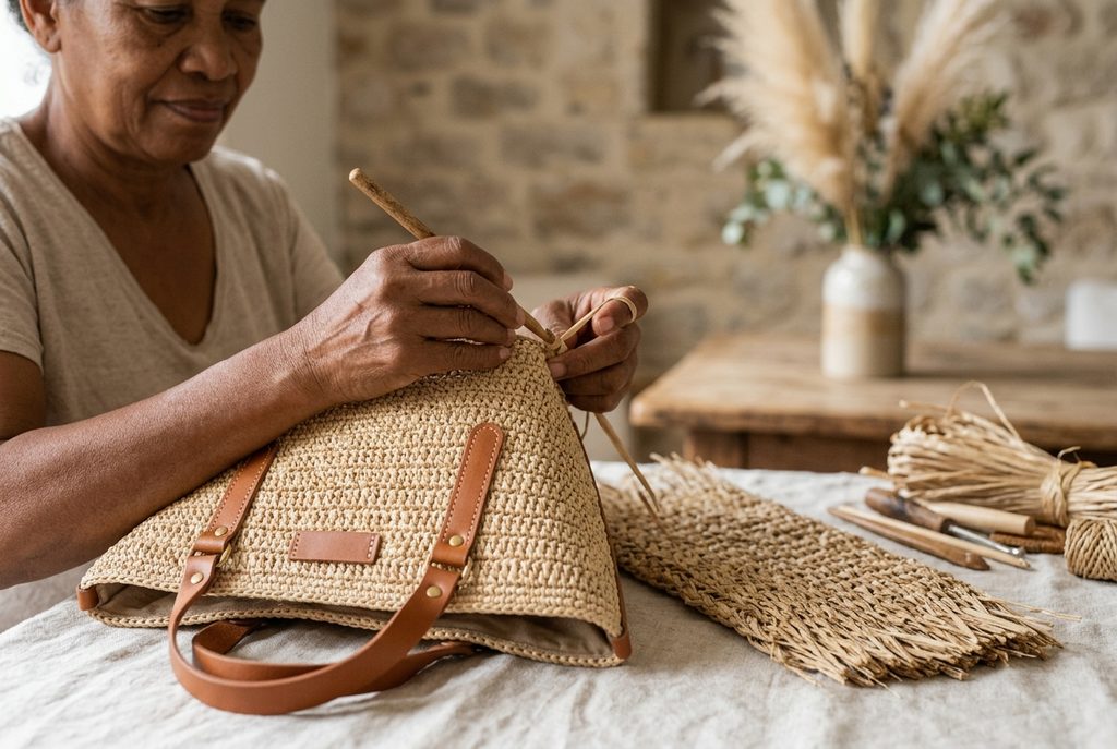Une femme malgache en train de crocheter minutieusement un sac fait main en raphia naturel de couleur beige
