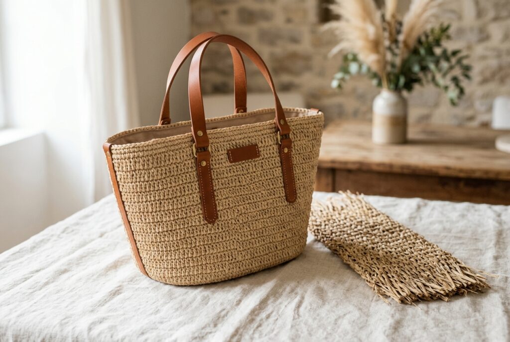 Sac fait main en raphia tressé à la main avec anses en cuir, posé à côté d’une tresse de paille pour comparer les deux matières